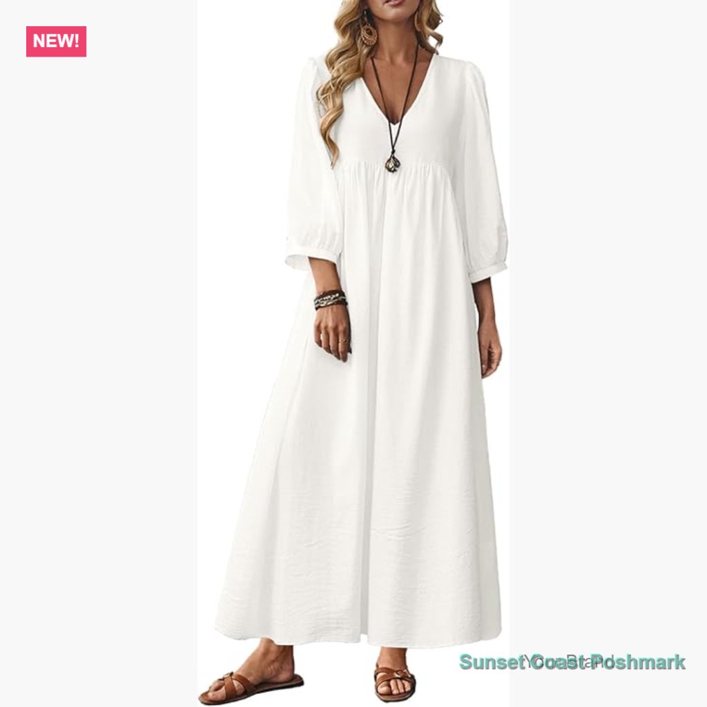 Cotton Maxi Dress Loose Fit V-Neck Puff Sleeve